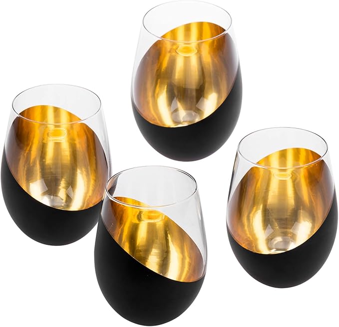 MyGift Matte Black & Gold Stemless Wine Glass Set of 4, Elegant Anniversary Wine Glasses