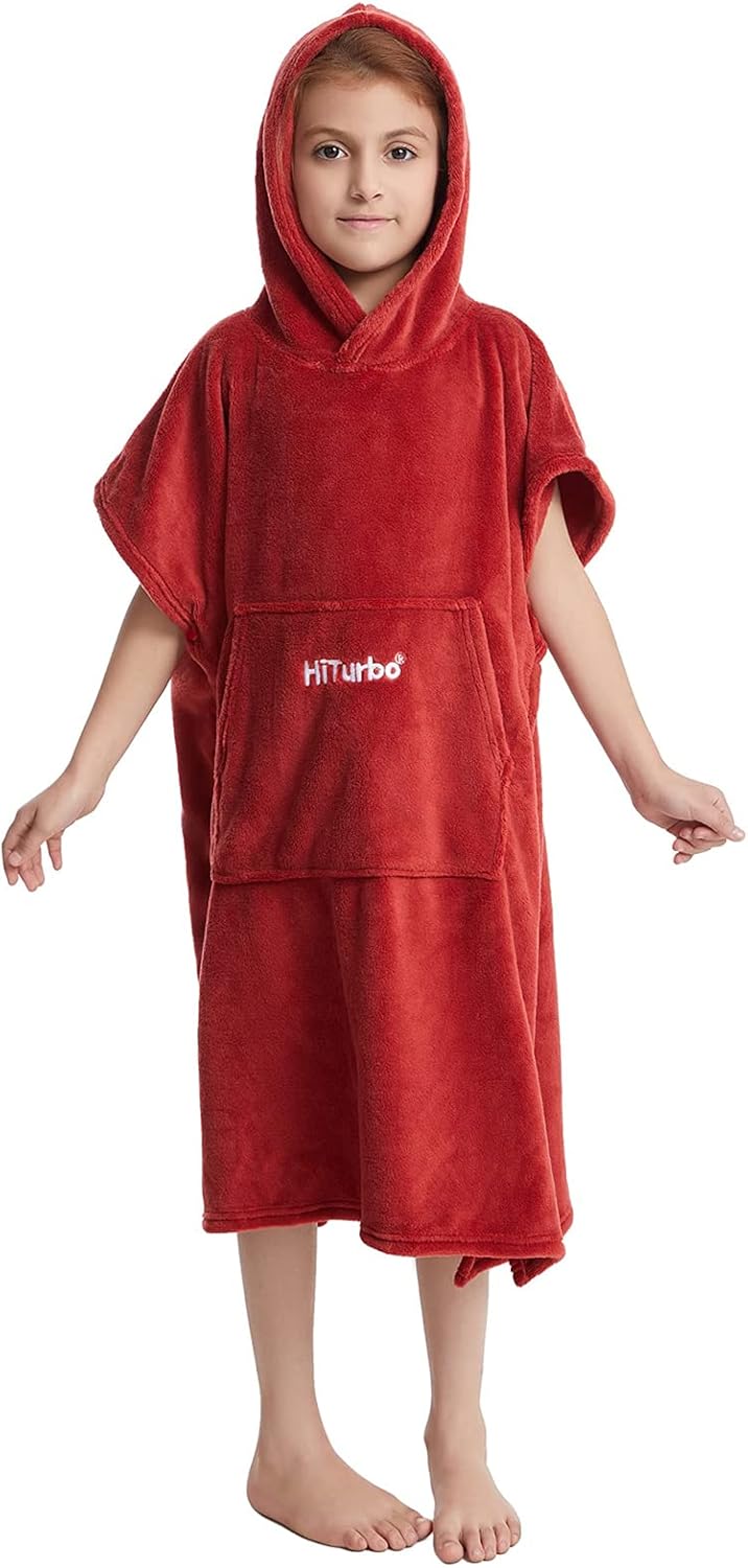 Hiturbo Kids Towel Changing Robe: Soft Plush Bath Towels - Warm Coral Fleece Hoodie - Swim Surf Poncho for 5-12 Years (Red)