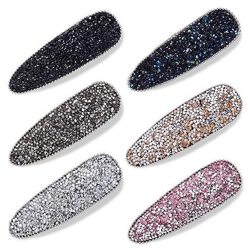 HINZIC 6PCS 3 Inch Rhinestone Snap Hair Clips for Women, 6 Color Bling Crystal Barrettes Sparkle Diamond Hairpins for Party Prom Wedding Daily Girls Decorative Thick Thin Hair Accessories
