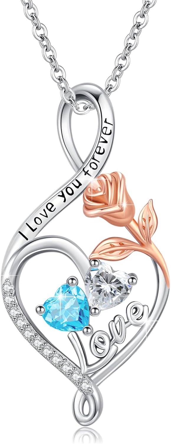 Forever Love Heart Necklace for Women 925 Sterling Silver Flower Heart Jewelry with Gemstone Birthday Anniversary Wedding Gifts for Wife Girlfriend