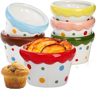 6 Pack Ramekins Set, 9 OZ Baking Souffle Cups, Small Ceramic Dessert Bowls for Ice Cream, Mini Polka Dot Christmas Cups for Soup Snack Creme Brulee Pudding Custard, Oven Dishwasher Safe