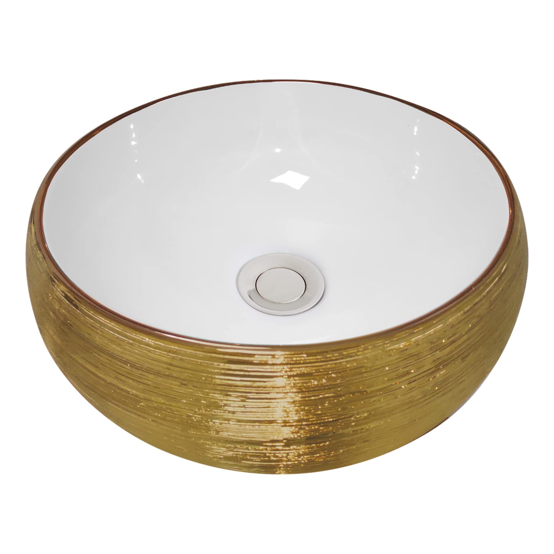 Caelsikay Gold Vessel Sink, 15.75"x5.12" Round Bathroom Sink Ceramic Above Counter Vanity Basin - Modern Porcelain Art Bowl Basin with Brushed Horizontal Stripe, Glossy Gold