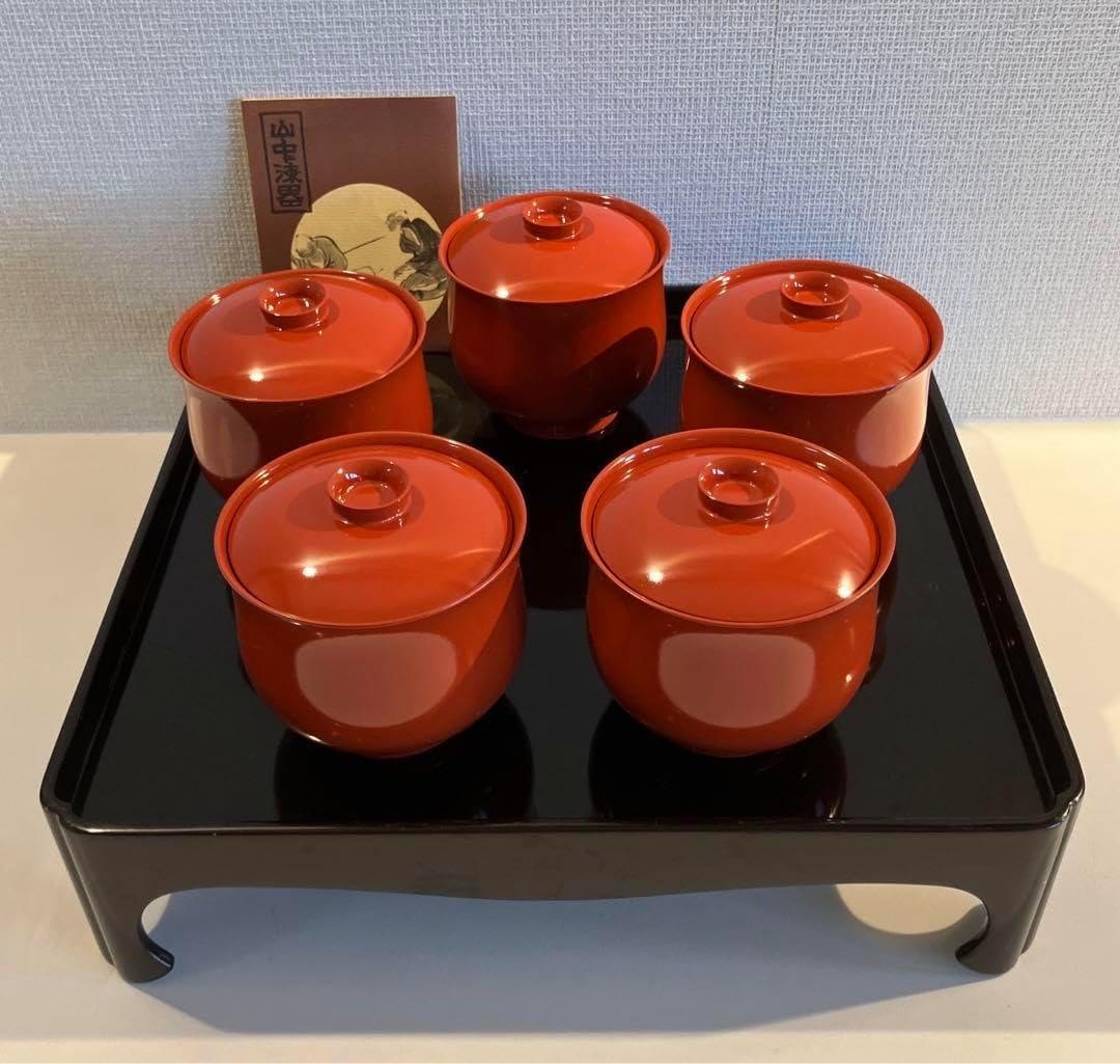 会津塗 本漆仕上 御吸物椀 乙造作 紅梅 黒 共箱付 <1117z漆芸・漆器