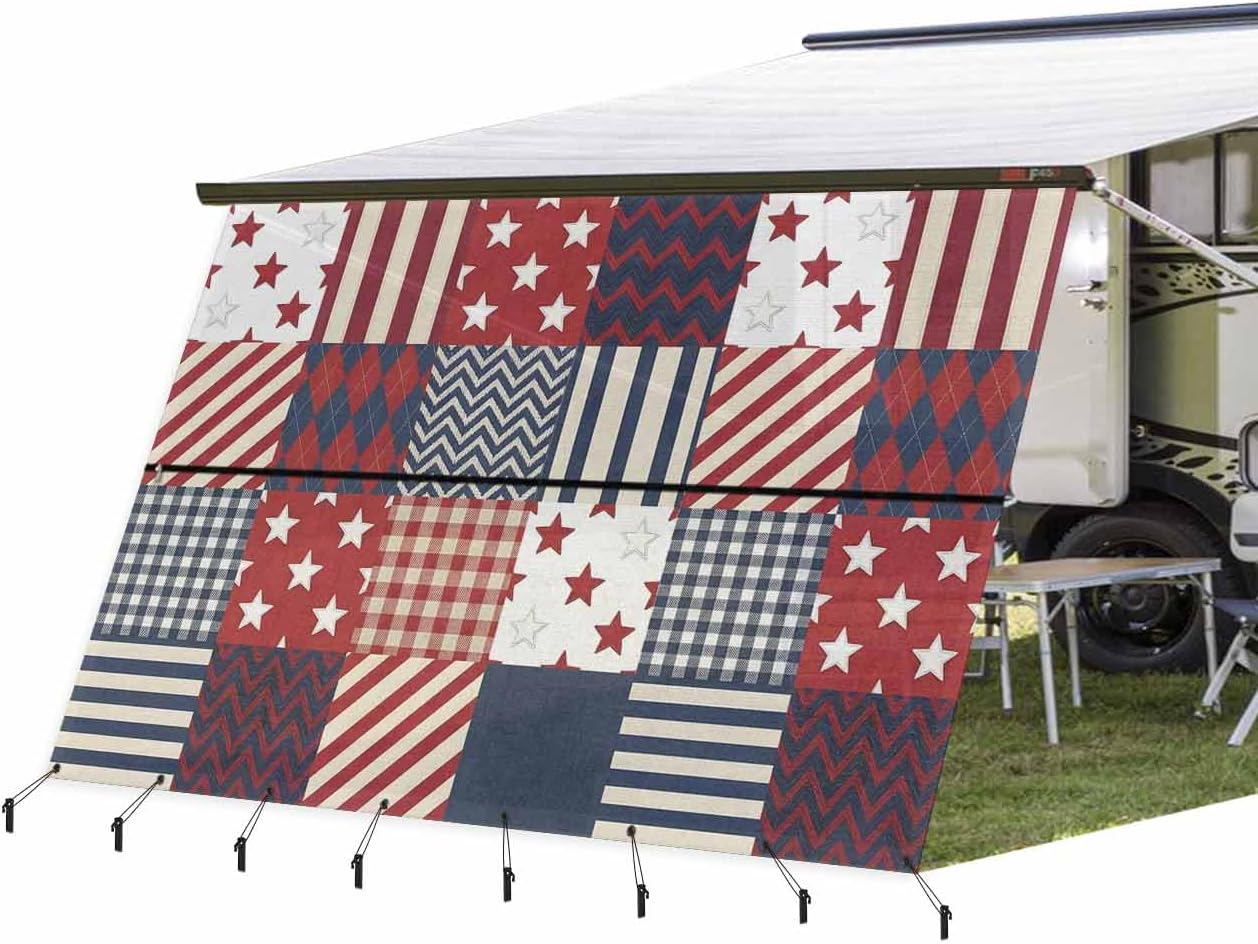 RV Awning Sun Shade Screen 9' x 13'3", 4th of July Mesh RV Awning Shades Complete Kits, Retro Independence Day Blue Red USA Sunlight Blocker Outdoor Canopy for Camping Trailer Motorhome