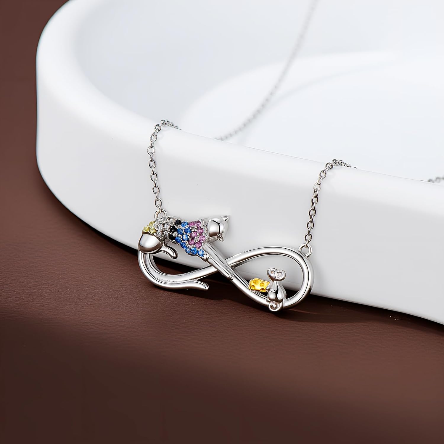 AOBOCO 925 Sterling Silver Cat and Mouse Infinity Necklace - Adorable Cheese Mouse Pendant Jewelry Gift for Cat Lovers Her Women