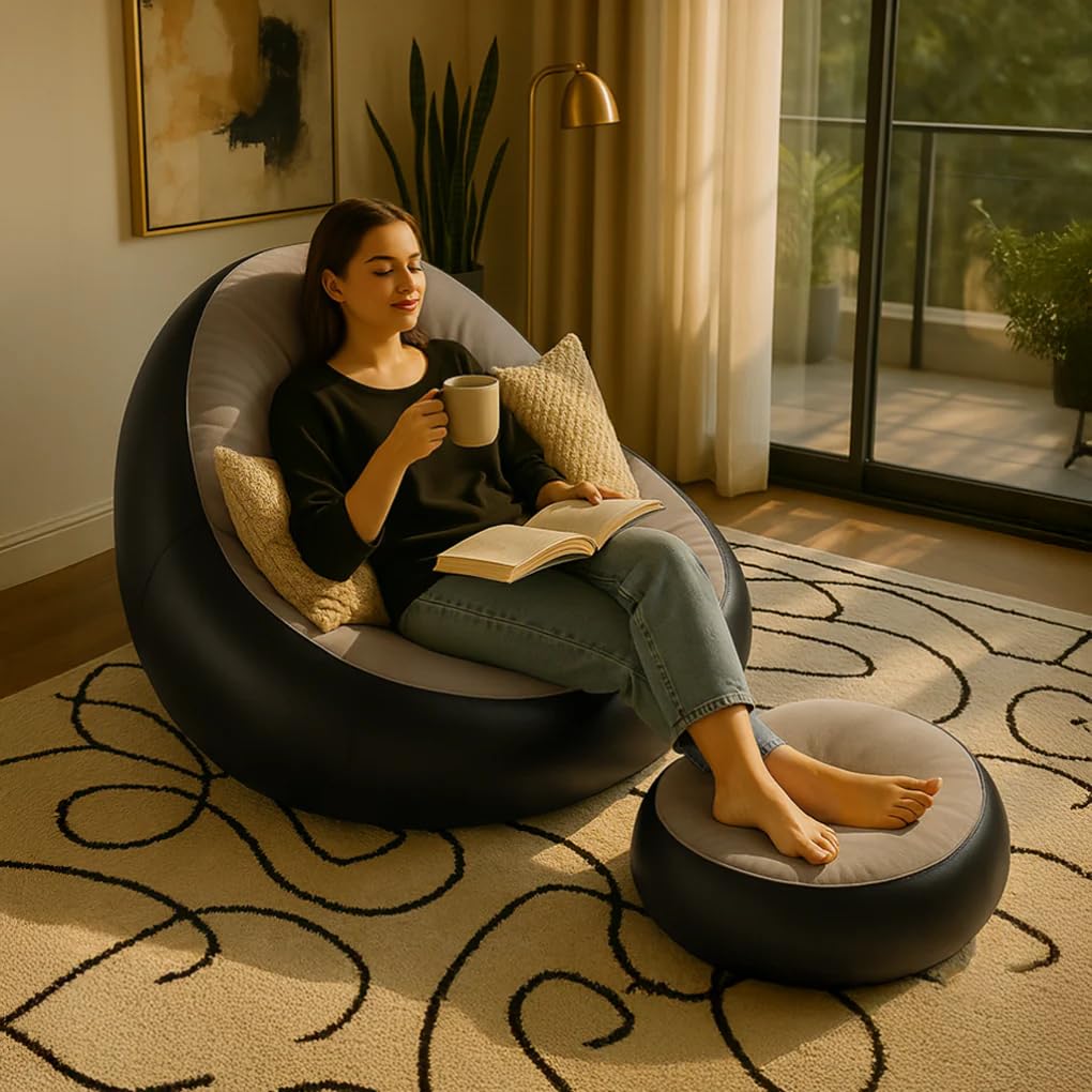 Inflatable Lounge Chair Sofa with Footrest & Air Pump, 2-in-1 Folding Portable Recliner Sofa for Indoor Living Room, Bedroom, Office, Balcony, Outdoor Camping, Travel & Garden Use