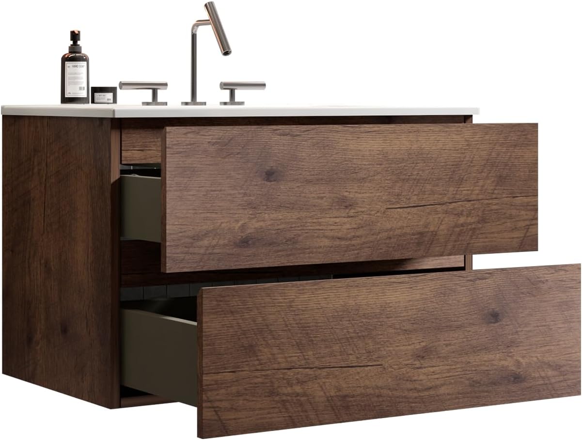 30 Inch Walnut Floating Bathroom Vanity, Wall Mounted Bathroom Vanity with White Ceramic Basin Sink Wood Bathroom Cabinet with 2 Drawers, Three Faucet Holes, Pre-Assembled, 30 inch Walnut