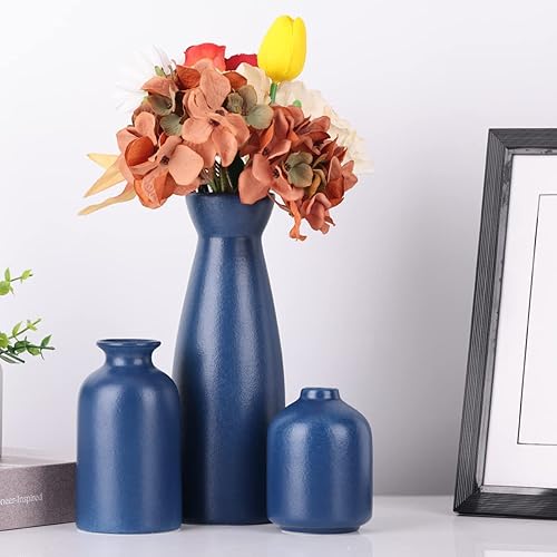 Miniatura 7 de Juego de 3 jarrones de cerámica azul, jarrones de decoración del hogar azul marino para sala de estar, decoración de mesa y centros de mesa,