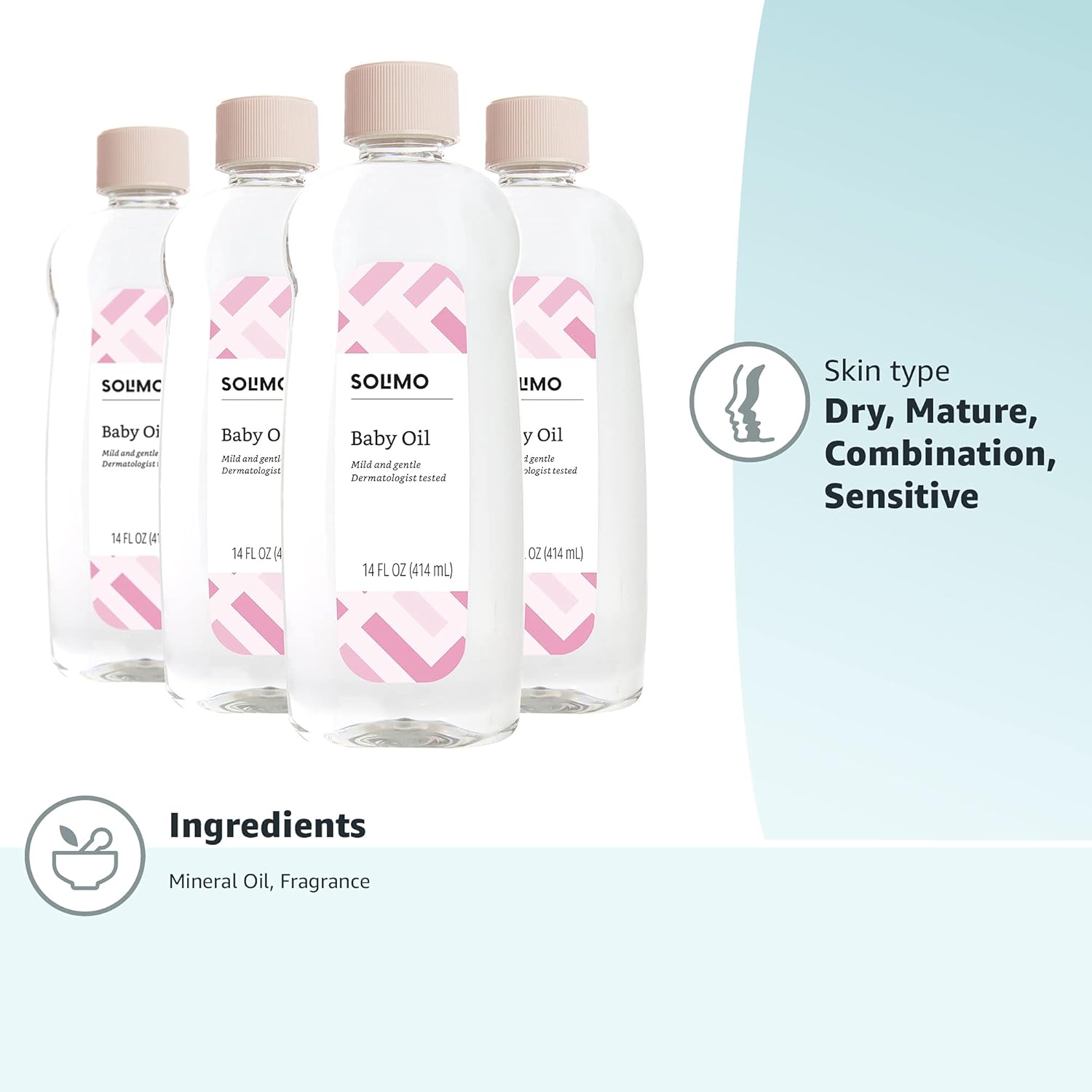  Brand - Solimo Baby Oil, Mild & Gentle, Dermatologist Tested, 14 Fluid Ounces (Pack of 4) : Baby