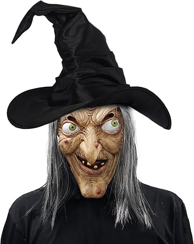 Miniatura 2 de EraSpooky Máscara de bruja para mujer, disfraz de Halloween, máscaras de látex de cabeza completa con pelo
