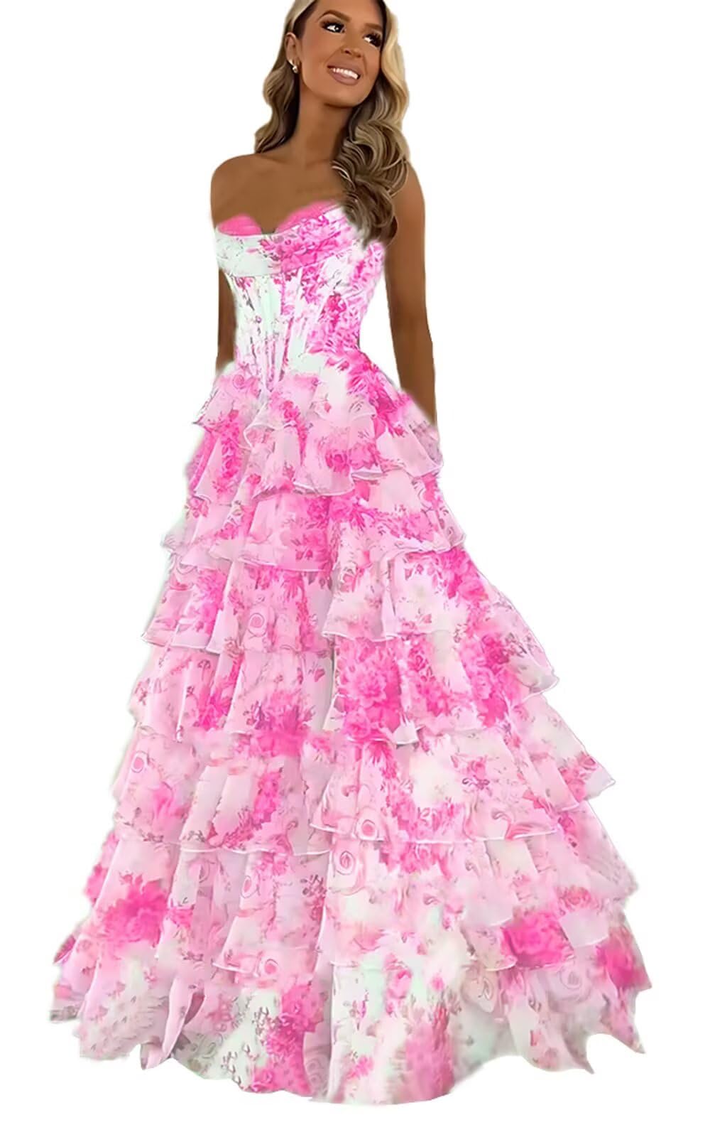 UZN Floral Print Tiered Prom Dresses 2025 with Slit Long Strapless Corset Formal Evening Party Gowns