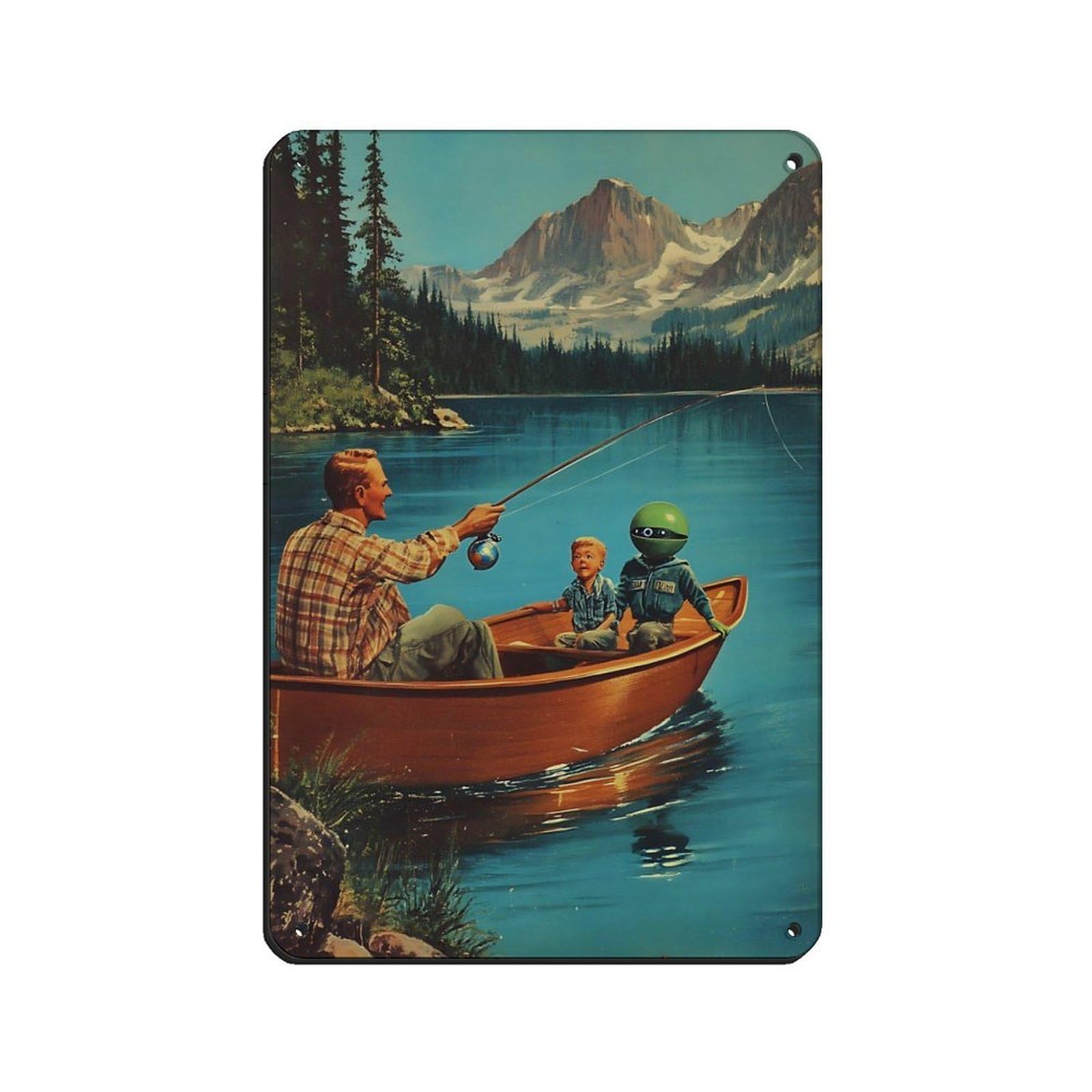 Surreal Fishing Trip With Robot Tin Sign Vintage Metal Pub Club Cafe Bar Home Wall Art Decoration Poster Retro 8x12inch(20x30cm)
