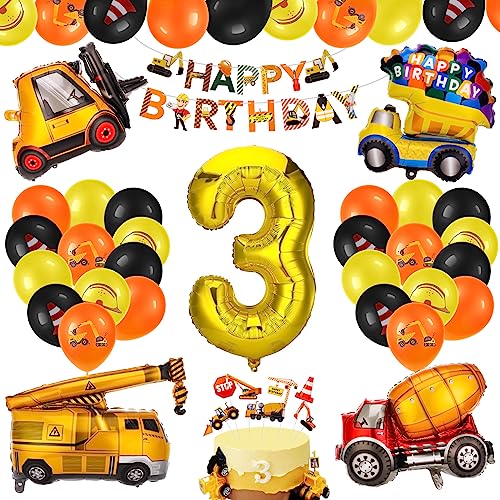 Heyu-Lotus 43 Pack Excavator Birthday Decoration, Construction Birthday Party Supplies Truck Digger Birthday Aluminum Foil Balloons and Digger Happy Birthday Banner for Kids Boy Toddler( 3 Years Old)