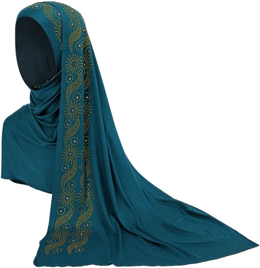 Muslim Women Shiny Rhinestone Hijab Head Wrap Long Scarf Shawl Soft Solid Islamic Ramadan Eid Prayer Jersey Turban