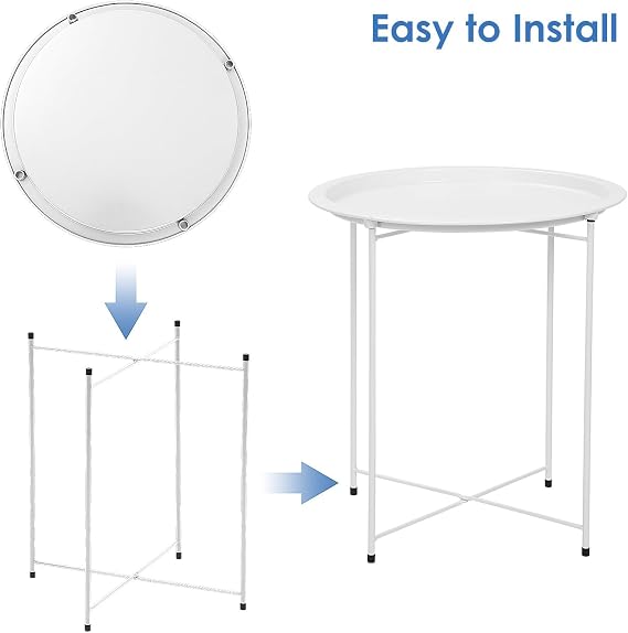 Side Table 47x50cm Round Round Tray Table with Removable Tray - Storage End Table Coffee Metal Small Garden Table for for Bedroom, Home and Office (White)