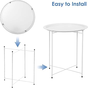 Side Table 47x50cm Round Round Tray Table with Removable Tray - Storage End Table Coffee Metal Small Garden Table for for Bedroom, Home and Office (White)