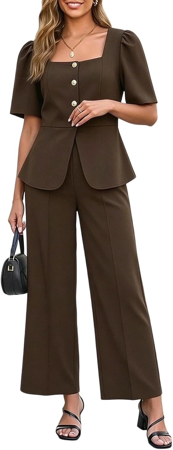 Oplxuo Women 2 Piece Office Suit Set Square Neck Short Sleeve Button Front Peplum Blazer Dress Pants Elegant Formal Outfit