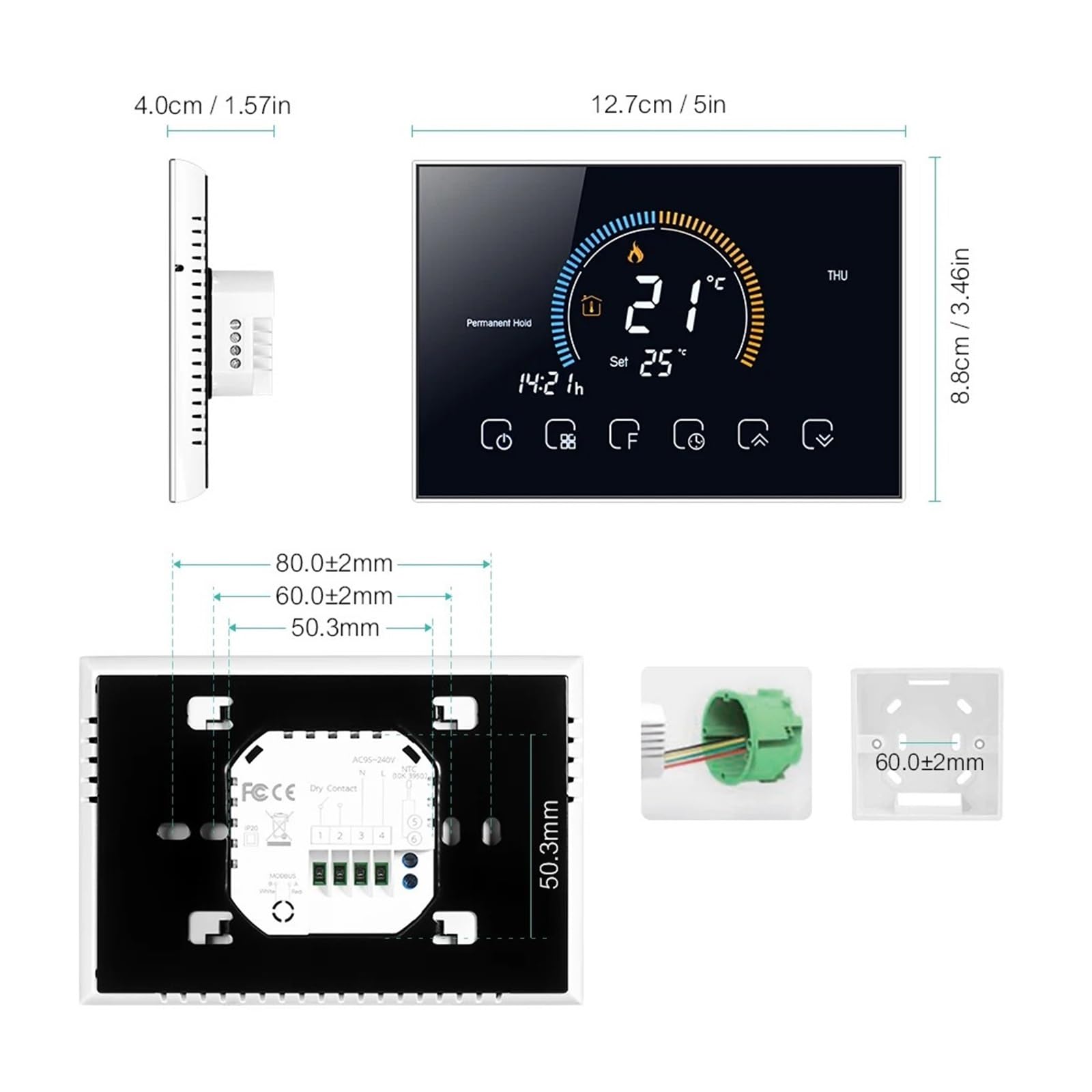 Termostat, Inteligentny Programowalny Termostat Wi-Fi Sterowanie Głosowe APP Podświetlenie Z Funkcją Blokady Wyświetlacza Wilgotności(White)