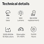 Amazon Basics Smart E12 LED Bulb, 6.0 Watts, 2.4 GHz Wi-Fi only, Works with Alexa Only, 2 Pack, Multicolor