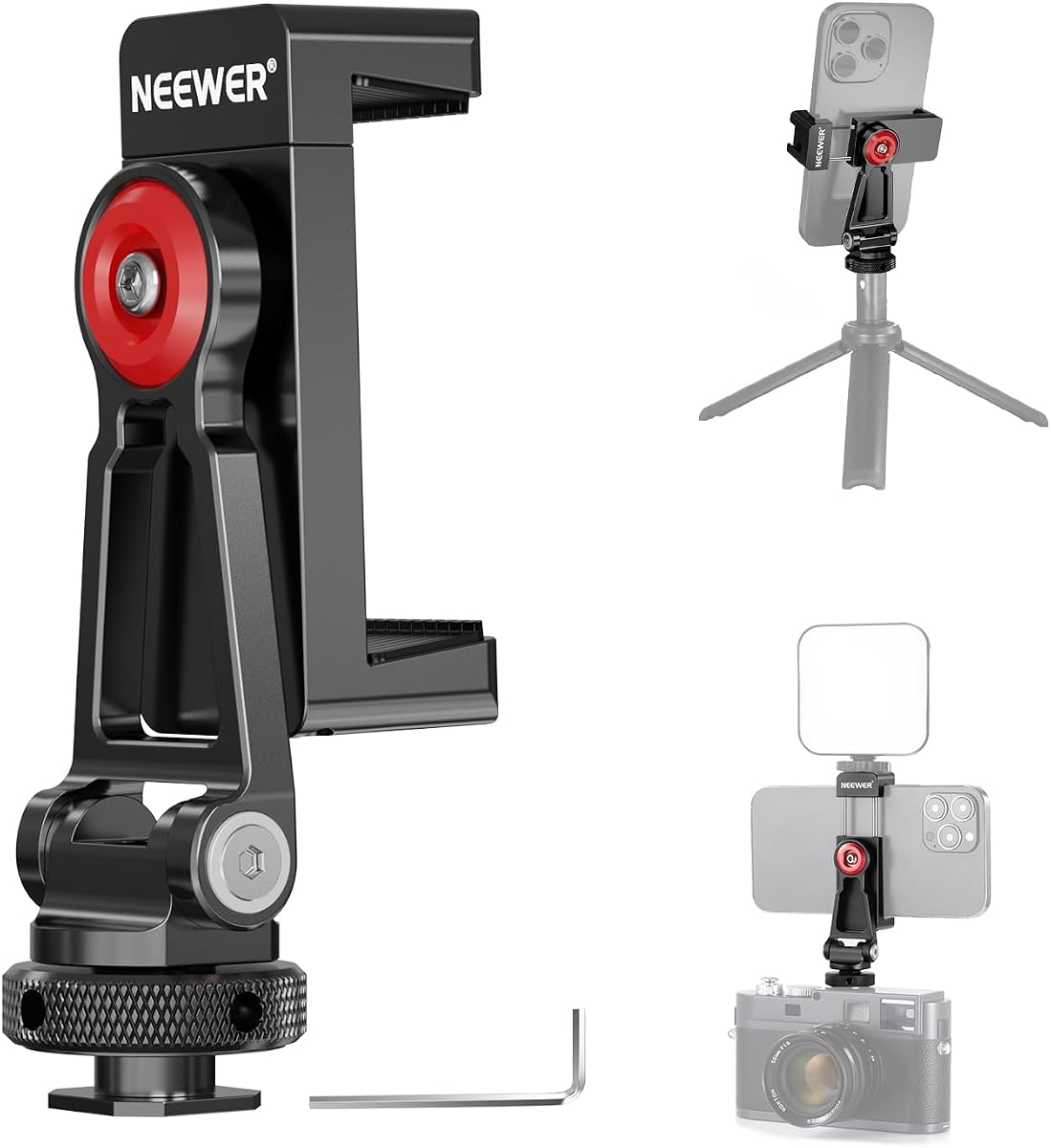 NEEWER Metal Phone Tripod Mount Adapter with Cold Shoe Base, PA001 | 360° Phone Holder, 2 Cold Shoe Mounts for Video Light/Mic, Vlogging, Universal Compatible with iPhone Samsung Huawei
