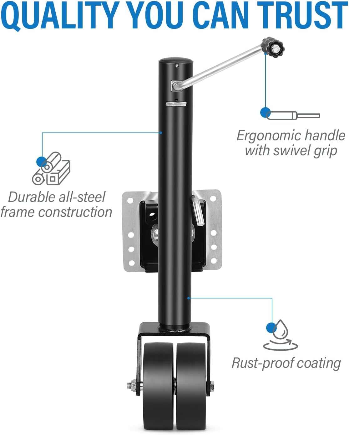FAHKNS Trailer Jack with 6" Double Wheel, 2000 lbs Boat Swivel Jack Dual Wheels, Heavy Duty 12" Lift RV Bolt On Tongue Jacks for Boat Camper (Black)