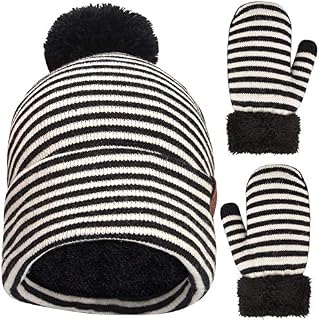 Maylisacc Knitted Winter Hat and Mittens Set for Children Aged 5-8, Kids Pom Beanie and Mittens with Double Layer Fleece Lining Thermal Warm Bobble Hats and Mitten Sets for Boys Girls