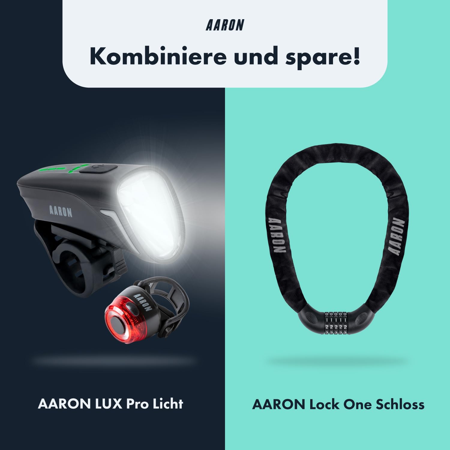 AARON Fahrradlicht Set 100 LUX / 50 LUX für Stadtpendler & E-Bike-Fahrer, StVZO zugelassen, USB aufladbar, Fahrrad Licht Set regenfest - Fahrradbeleuchtung - Beleuchtung Fahrrad für vorne + hinten