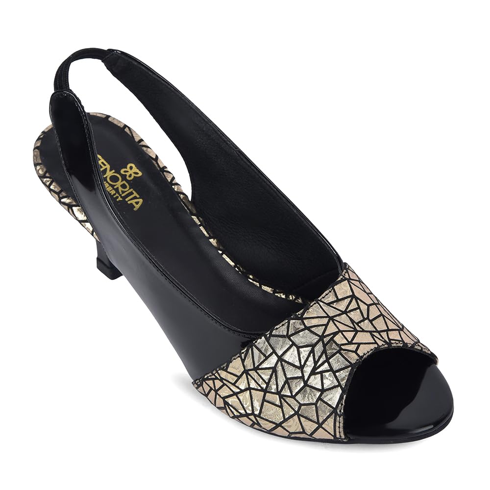 Senorita STY-157E Women Pencil Heel Sandals – 60MM Slim Heel Open Toe Dressy Sandal – Black & Copper – Elastic Fit – PU Upper – TPR Sole – Party, Wedding & Evening Occasion Wear-image-1