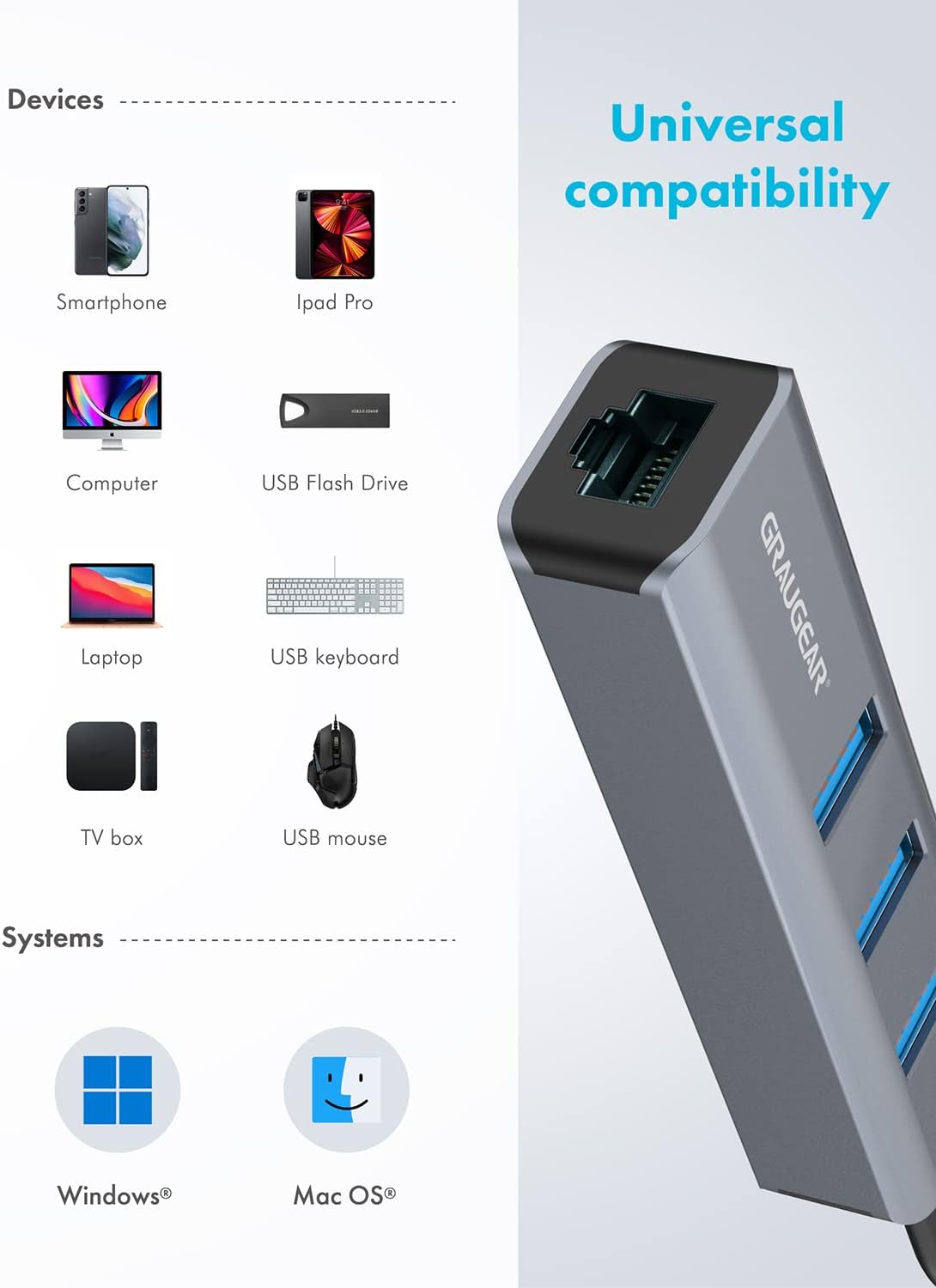 GRAUGEAR | 3 Ports USB 3.0 HUB + Gigabit Ethernet LAN RJ45 | USB-C | USB-A | Aluminium Housing | USB Type-C Adapter | USB LAN Adapter | G-HUB31L-A, Grey
