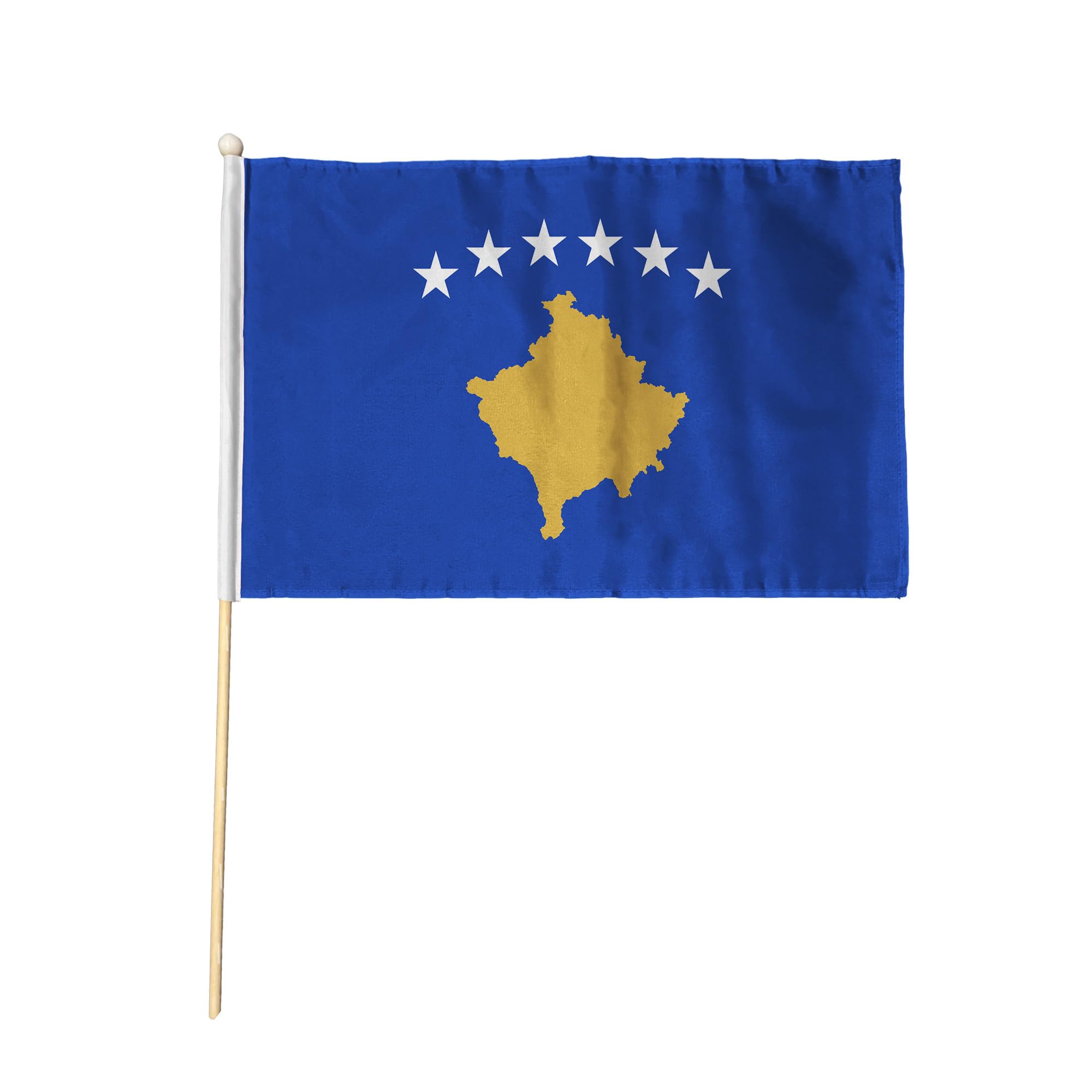 Flagtex Kosovo Pack of 12 Hand Waving Flag (9x6 Inch) - Premium Wooden Stick Hand Flag 9x6 Inch Natural Wood Pole European Blue Gold Map Six Stars Flag Events Parades Celebrations — image 1