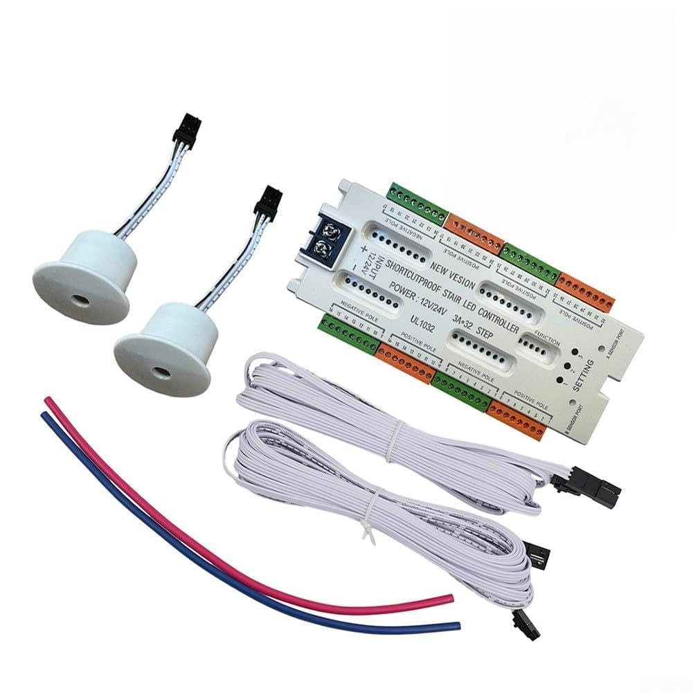 32 Channel DC 12V-24V Staircase LED Motion Sensor Lighting Controller, Dual Sensor Stair Light Control Box With Adjustable Modes, Speed And Brightness For Indoor Steps