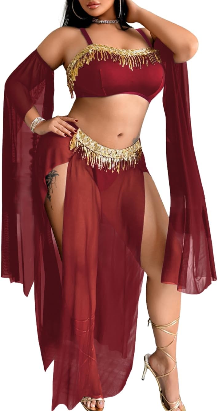 ShawGobow Plus Size Belly Dancer Outfit,Sheer High Slit Skirt Exotic Dancewear,4 Piece Sexy Rave Genie Costume Woman