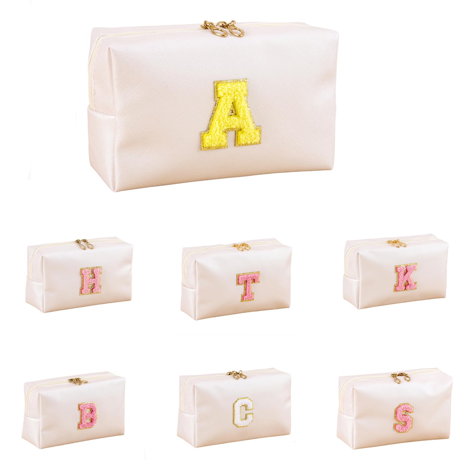 TRIP TIGER Personalized Makeup Bag with Initial-Preppy Chenille Letter Bag for Women & Teens, Small Girls Monogram Waterproof Cosmetic Organizer Pouch