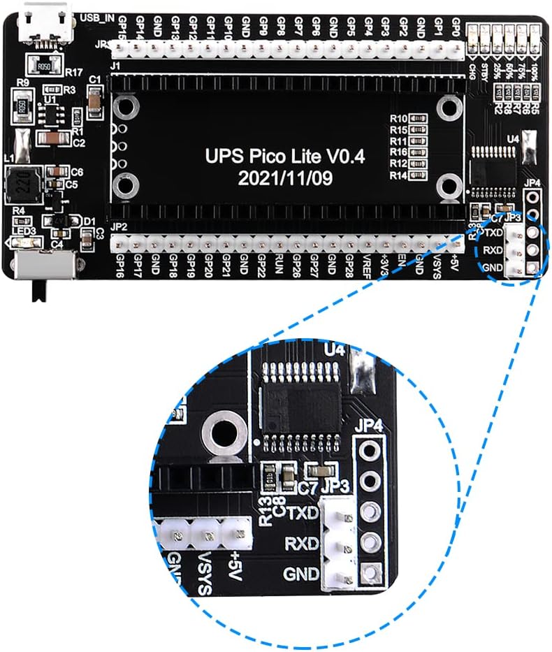 Close-up view of the serial port pins (RXD, TXD, GND) on the GeeekPi UPS HAT.