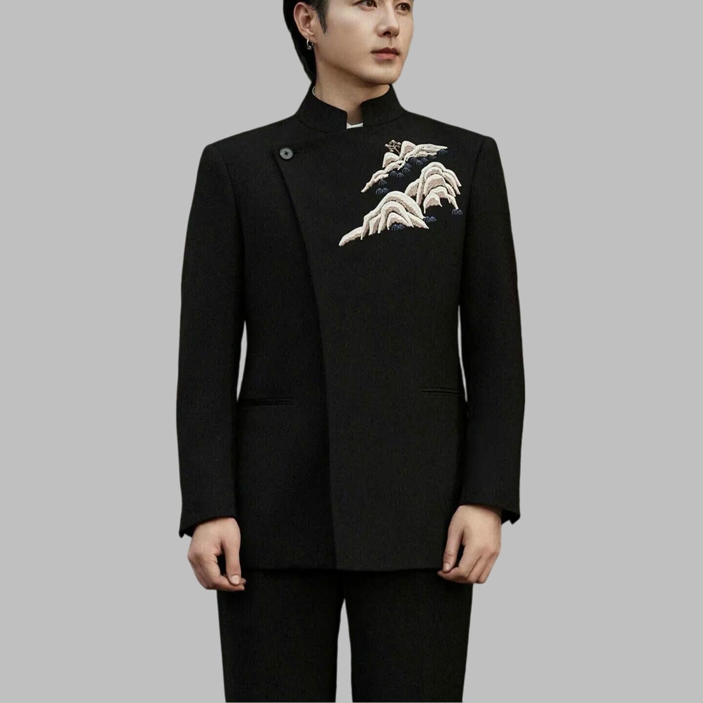 Mens Blazer Jacket Zhongshan Stand Collar Embroidered Groom Wedding Engagement