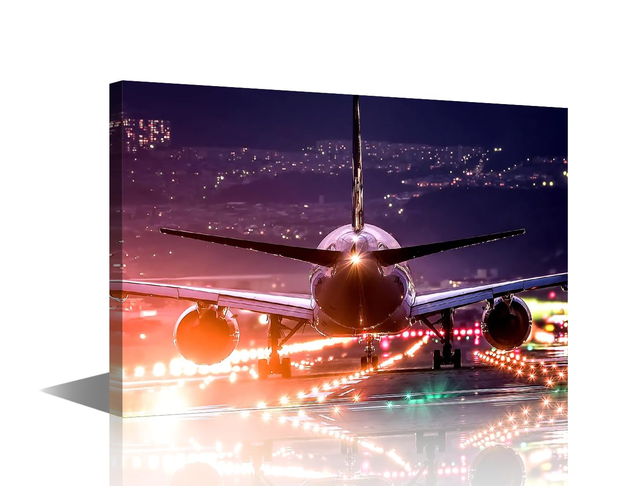 TISHIRON Airplane Pictures Airport Nightscape Wall Art Aircraft Paintings 1 Panel Artwork Printed on Canvas Modern Home Decoration Giclee Wooden Framed Gallery-Wrapped Ready to Hang(16" Wx24 H)