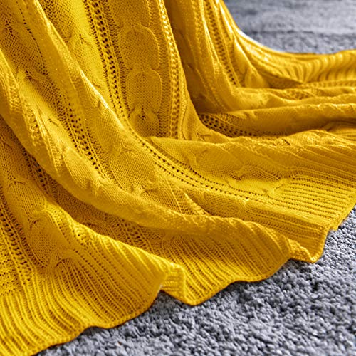 Jinchan Cable Knit Throw Blanket For Couch Lightweight Soft Cozy Twin Size Throw Blanket Mustard Yellow Decorative Throws For Modern Farmhouse Living Room Bedroom 60"X80" Accent Throw For Gifts #TOP4