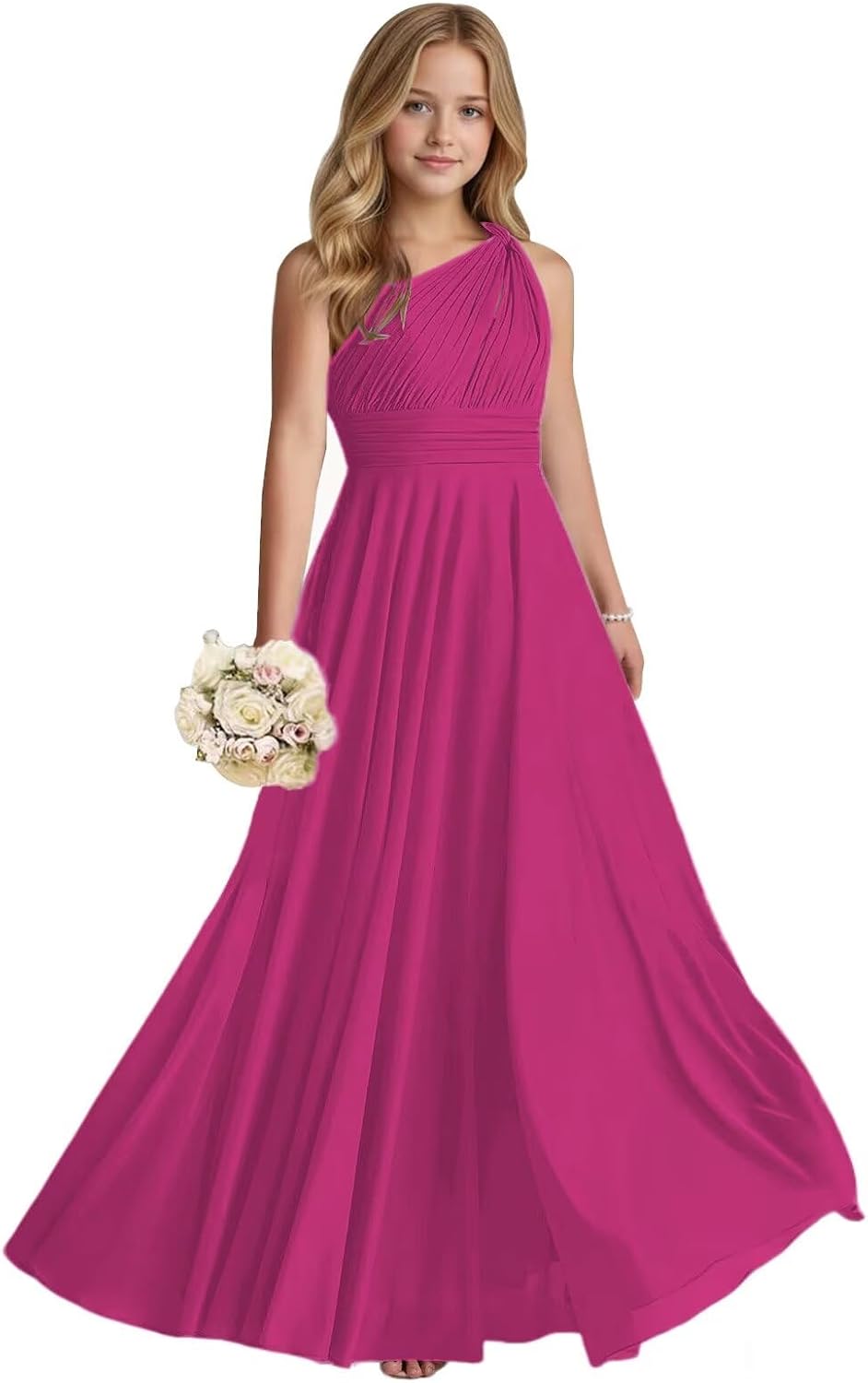 Chiffon Junior Bridesmaid Dresses for Teen Pleated One Shoulder Flower Girl Dress for Wedding Party Gown MV005