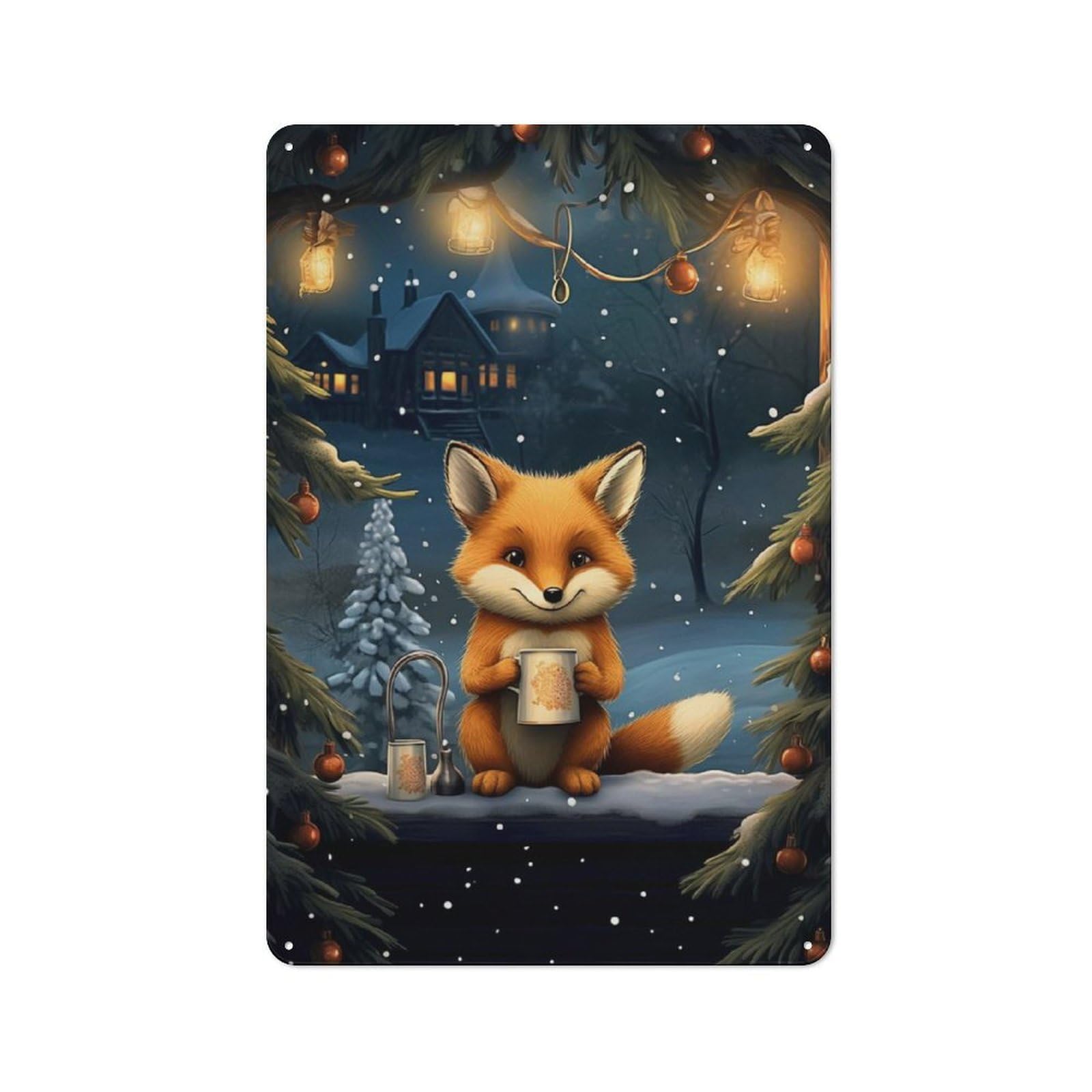 Junmoney Xmas Cute Fox Tea Retro Tin Sign 30X20cm Featuring For Home Bar Wall, For Collectors Decorating Home Bars And Entertaining Spaces