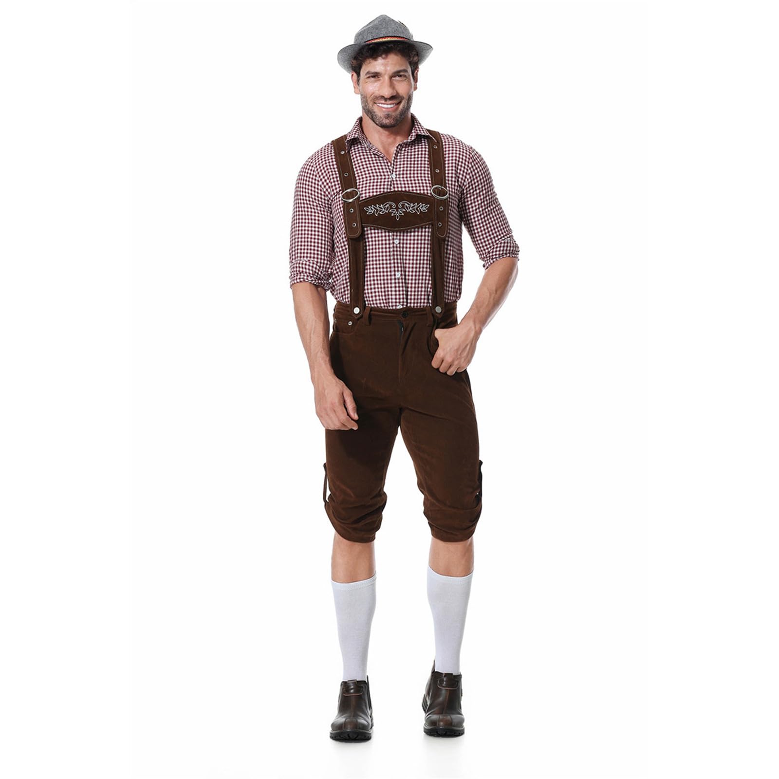 Lederhose Herren Kurz,Lederhosen Tracht Herren Oktoberfest Outfit Mit LäTzchenträGer Kariertes Hemden Und Bayerischen FilzhüTe Dunkelbraun Trachtenhose Pflegeleicht Trachtenlederhosen