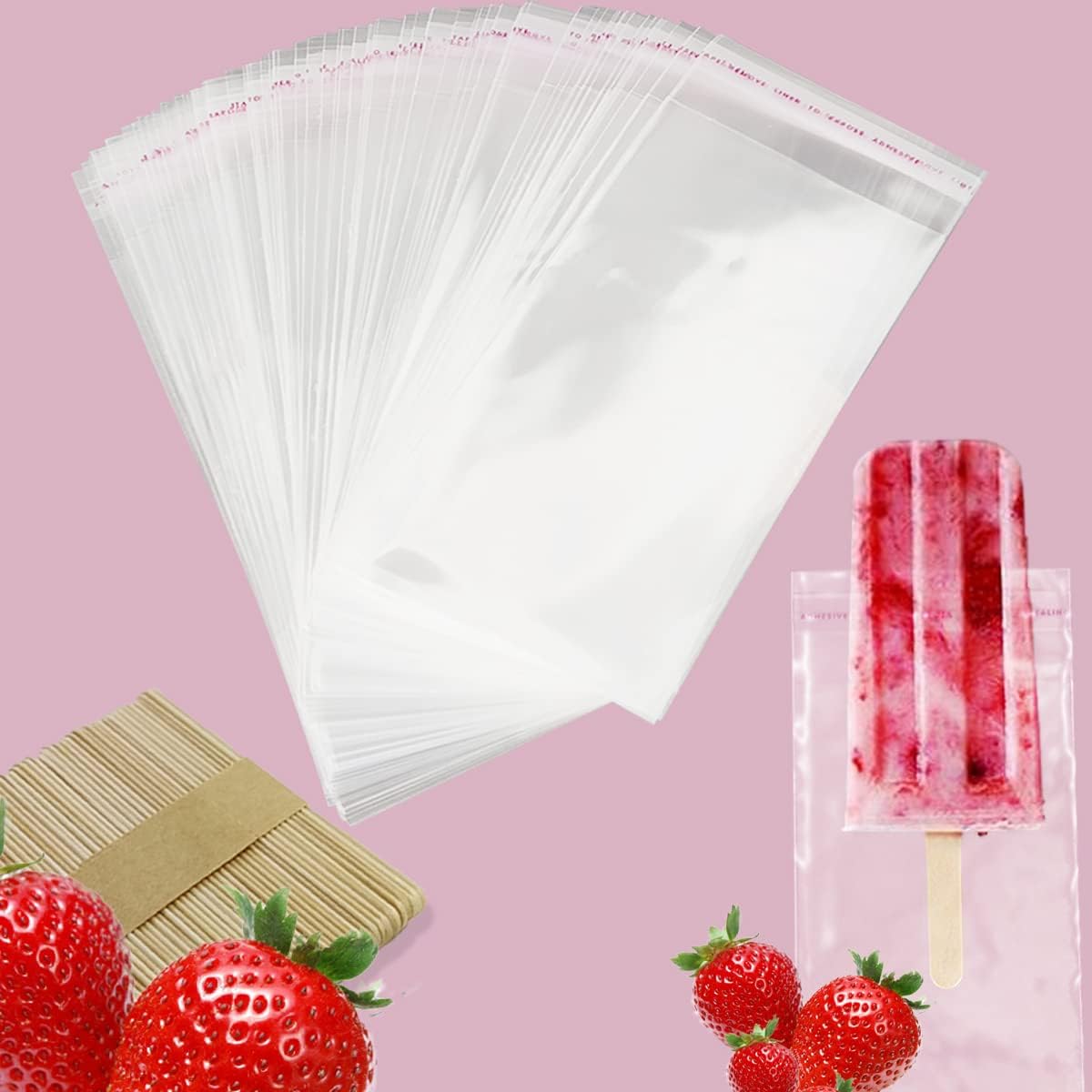 300 Pieces Popsicle Sticks and Bags Set Popsicle Wrappers Self Seal Plastic Popsicle Bags Ice Cream Bags Wrapper with Popsicle Sticks Wooden thumbnail