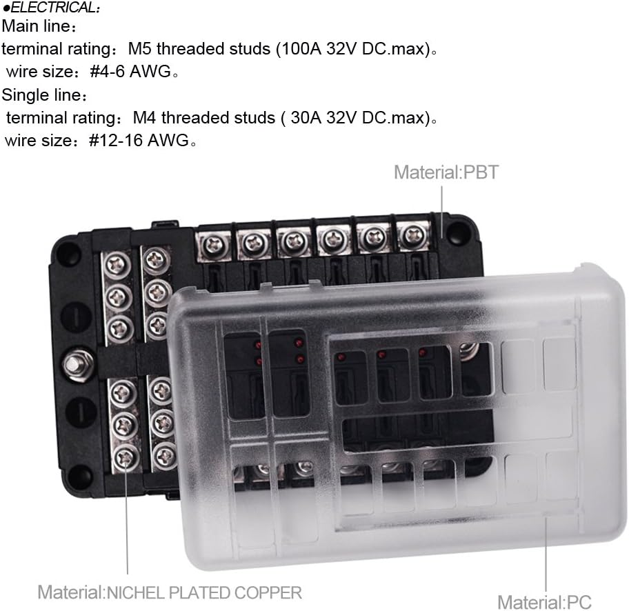 12-Way Fuse Block W/Negative Bus - JOYHO ATC/ATO Fuse Box with Ground, LED Light Indication & Protection Cover, Bolt Connect Terminals,70 pcs Stick Label, For Vehicle Car Boat Marine Auto: Automotive