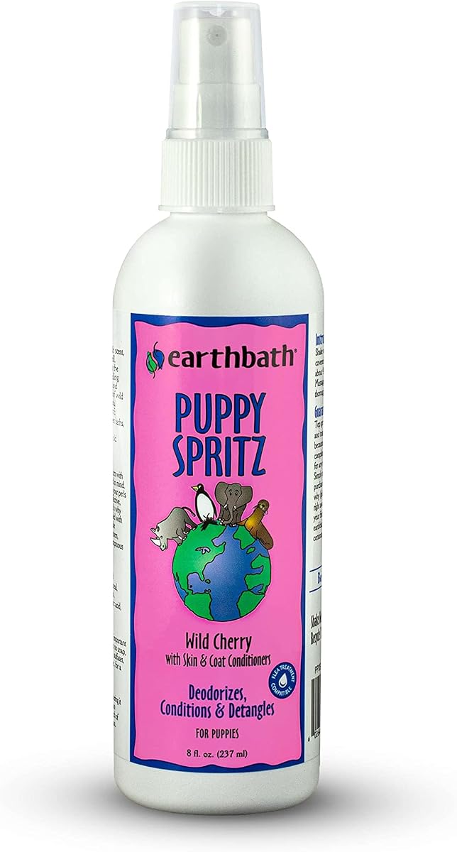 earthbath Wild Cherry 3-in-1 Puppy Deodorizing Spritz, 8 Oz (1 Pack) | Dog Odor Eliminator for Strong Odor, Cruelty-Free Dog Cologne, Wash Spray, Made in USA, Bathing Supplies