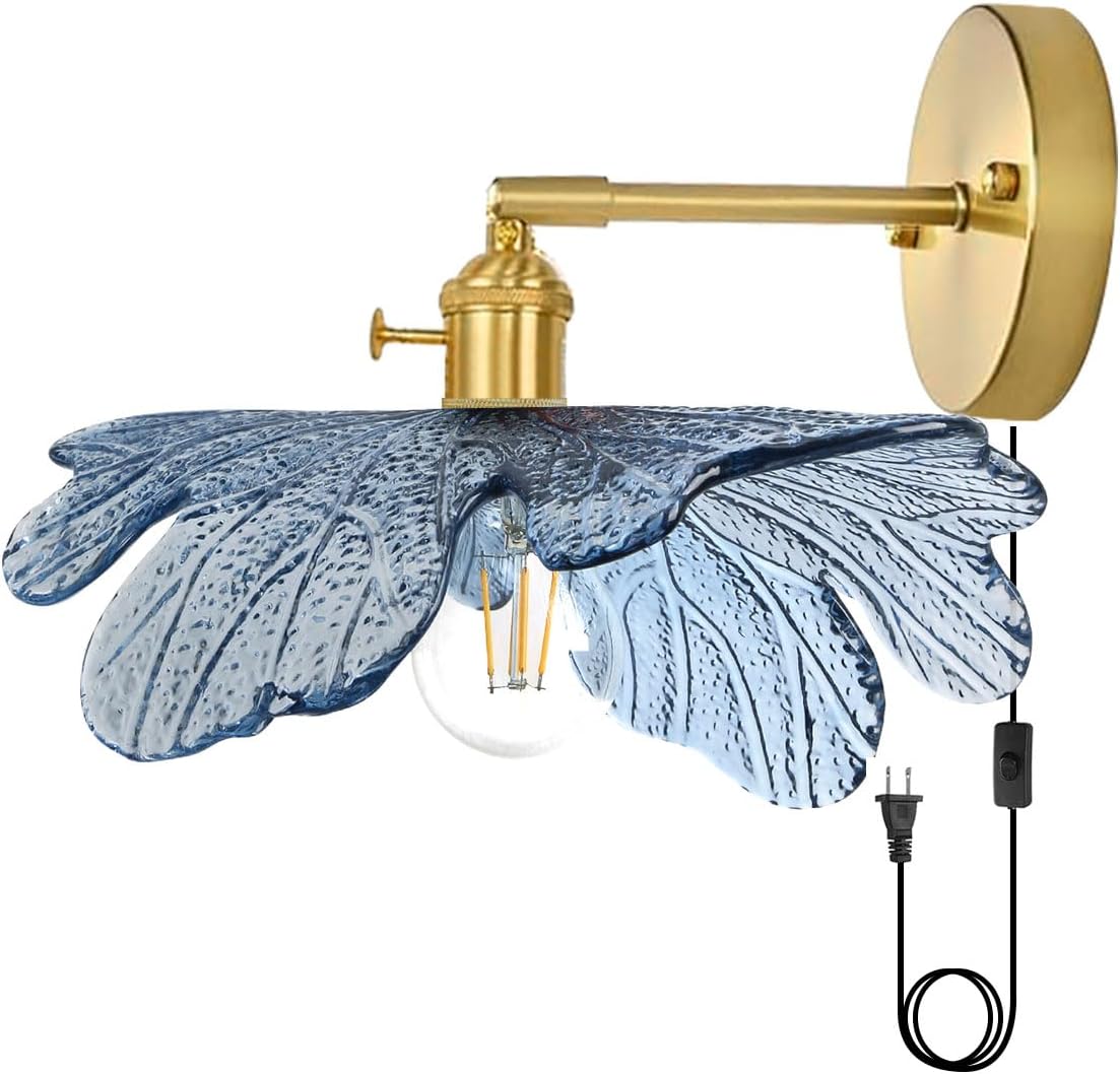 Vintage Wall Sconce Plug in Blue Flower Glass Wall Light Plug in Cord Wall Lights with On/Off Switch Gold Brushed Brass Mid Century Modern Wall Light for Bedside Bedroom Doorway