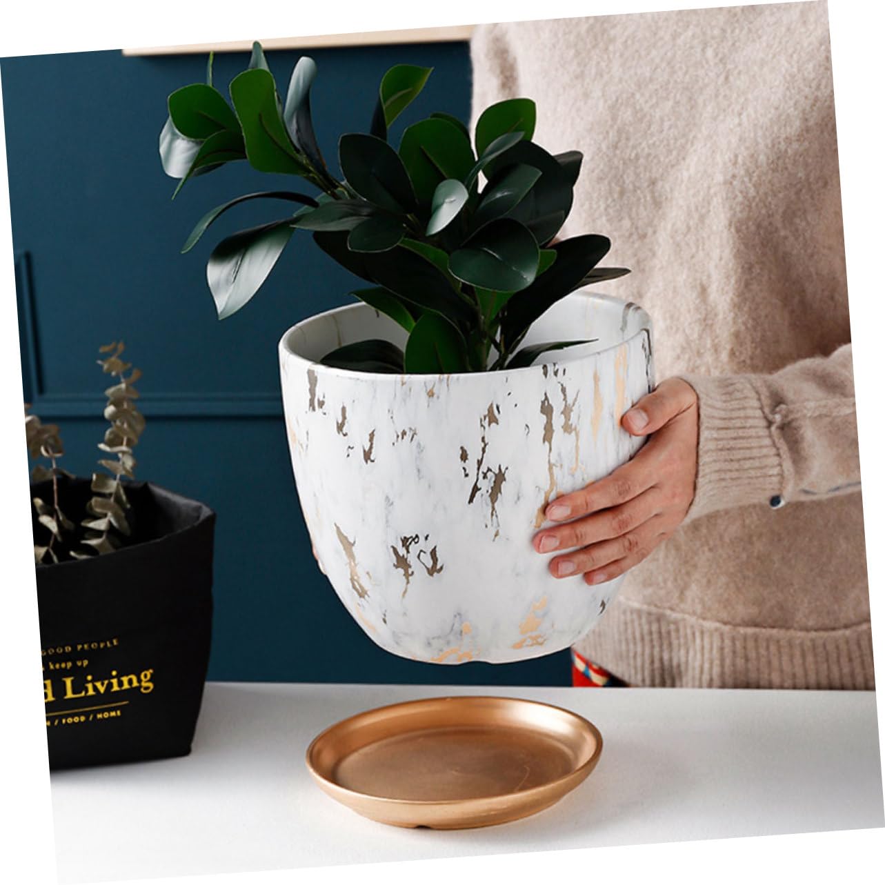 BESPORTBLE Vaso in Ceramica Motivo Marmorizzato Bianco, Contenitore per Piante Grasse e Cactus, Design Creativo Rotondo per Decorazioni di Giardino e Regalo per Appassionati di Piante