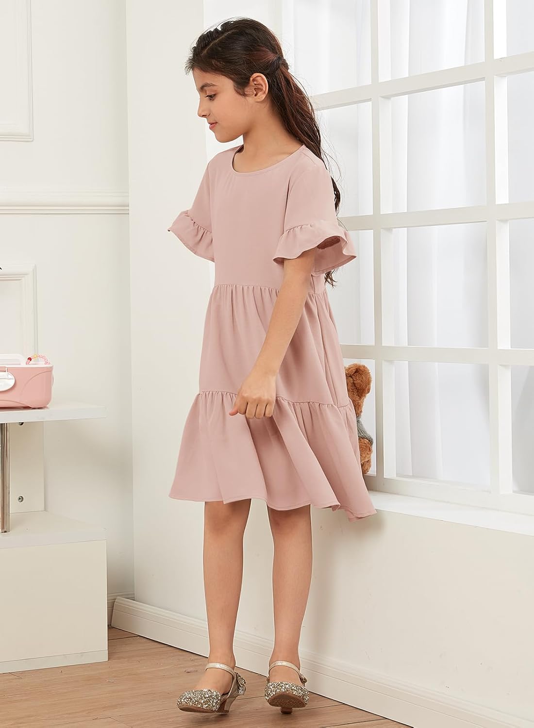 Geckatte Girls Dresses Summer Casual Floral Print Ruffle Short Sleeve Tiered Pleated Kids A-Line T-Shirt Dress Size 5-14 - Image 4