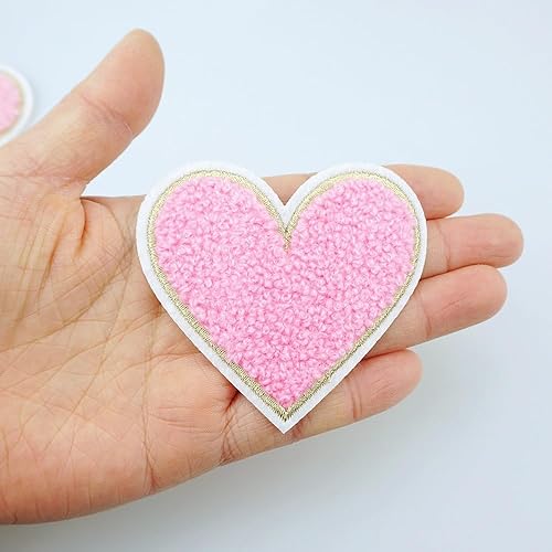 Vista 4 de 12 parches de corazón rosa con forma de corazón, parches de bordado de chenilla rosa para ropa decorativa de bricolaje