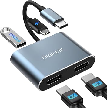 4-In-1 USB C to Dual HDMI Adapter 4K with 100W PD Charging, USB 3.0, USB C Splitter Extended Display for iPhone 17/16/15, MacBook, Surface
