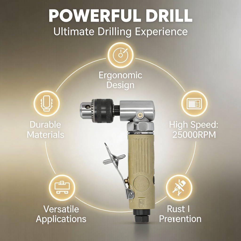 90 Degree Air Drill, Pneumatic Powerful Angle Drilling Machine with 3/8 Inch Chuck, 1/4 Inch Air Inlet - High Speed 25000rpm, Ergonomic Grip for Tapping and