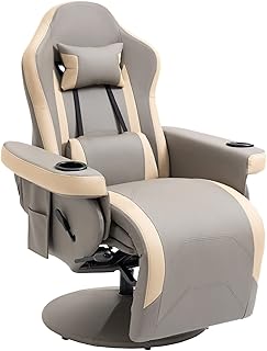 HOMCOM Manual Reclining Gaming Chair, 360° Swivel Racing Video Gaming Recliner with Footrest, Headrest and Cup Holder, PU Leather Armchair with Storage Pocket, Grey